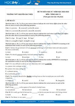 Bộ 5 đề thi giữa HK1 môn Tiếng Anh 12 năm 2022-2023 có đáp án Trường THPT Nguyễn Gia Thiều