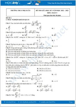 Bộ 5 đề thi giữa HK1 môn Toán 9 năm 2022-2023 có đáp án Trường THCS Thọ Xuân