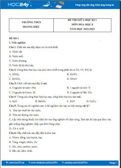 Bộ 3 đề thi giữa HK1 môn Hóa học 8 có đáp án năm 2022-2023 Trường THCS Hoàng Diệu