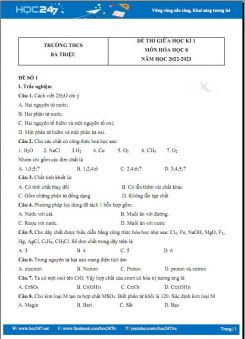 Bộ 3 đề thi giữa HK1 môn Hóa học 8 có đáp án năm 2022-2023 Trường THCS Bà Triệu