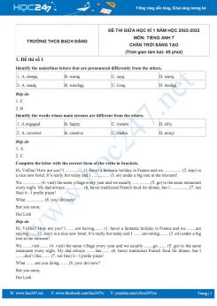 Bộ 5 đề thi giữa HK1 môn Tiếng Anh 7 CTST năm 2022-2023 có đáp án Trường THCS Bạch Đằng