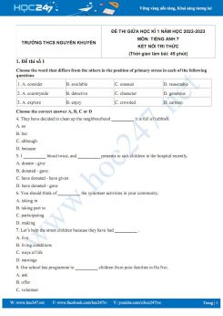 Bộ 5 đề thi giữa HK1 môn Tiếng Anh 7 KNTT năm 2022-2023 có đáp án Trường THCS Nguyễn Khuyến