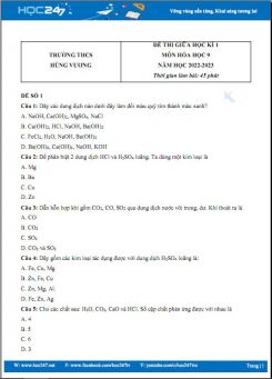 Bộ 5 đề thi giữa HK1 môn Hóa học 9 có đáp án năm 2022-2023 Trường THCS Hùng Vương