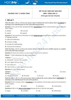 Bộ 5 đề thi HK1 môn Tiếng Anh 12 năm 2022-2023 có đáp án Trường THPT Lý Nhân Tông
