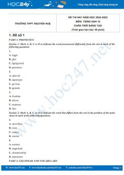 Bộ 5 đề thi HK1 môn Tiếng Anh 10 CTST năm 2022-2023 có đáp án Trường THPT Nguyễn Huệ