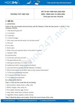 Đề thi HK1 môn Tiếng Anh 10 Cánh diều năm 2022-2023 có đáp án Trường THPT Hiệp Hòa