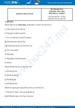 Bộ 5 đề thi HK1 môn Địa lí 8 năm 2022-2023 có đáp án Trường THCS Lê Lợi