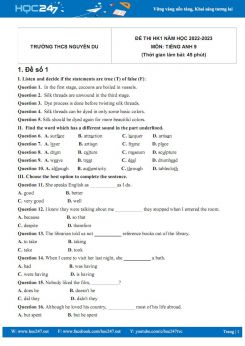 Bộ 5 đề thi HK1 môn Tiếng Anh 9 năm 2022-2023 có đáp án Trường THCS Nguyễn Du