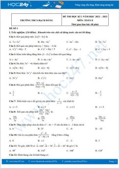 Bộ 5 đề thi HK1 môn Toán 8 năm 2022-2023 có đáp án Trường THCS Bạch Đằng