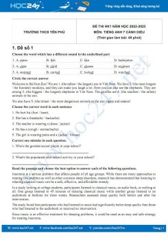 Bộ 3 đề thi HK1 môn Tiếng Anh 7 Cánh diều năm 2022-2023 có đáp án Trường THCS Yên Phú