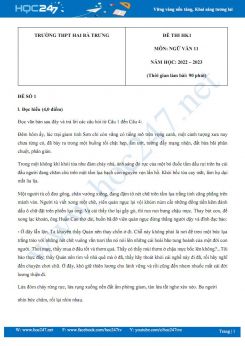 Bộ 5 đề thi HK1 môn Ngữ văn 11 có đáp án năm 2022-2023 Trường THPT Hai Bà Trưng