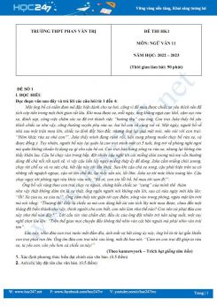 Bộ 5 đề thi HK1 môn Ngữ văn 11 có đáp án năm 2022-2023 Trường THPT Phan Văn Trị