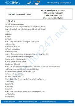Bộ 3 đề thi HK1 môn Lịch sử và Địa lí 7 CTST năm 2022-2023 có đáp án Trường THCS Hai Bà Trưng
