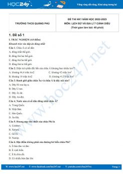 Bộ 3 đề thi HK1 môn Lịch sử và Địa lí 7 Cánh diều năm 2022-2023 có đáp án Trường THCS Quảng Phú