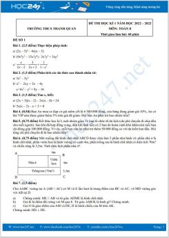 Bộ 5 đề thi HK1 môn Toán 8 năm 2022-2023 có đáp án Trường THCS Thanh Quan
