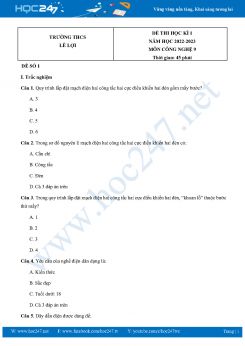 Bộ 3 Đề thi HK1 môn Công Nghệ 9 năm 2022-2023 Trường THCS Lê Lợi có đáp án