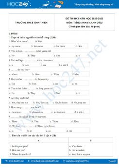 Đề thi HK1 môn Tiếng Anh 6 Cánh diều năm 2022-2023 có đáp án Trường THCS Tịnh Thiện