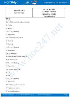 Bộ 3 Đề thi HK1 môn Công Nghệ 8 năm 2022-2023 Trường THCS Nguyễn Trãi có đáp án