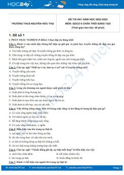 Bộ 3 đề thi HK1 môn GDCD 6 CTST năm 2022-2023 có đáp án Trường THCS Nguyễn Hữu Thọ