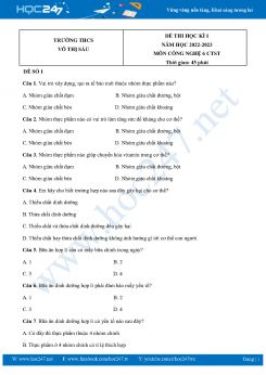 Bộ 3 Đề thi HK1 môn Công Nghệ 6 CTST năm 2022-2023 Trường THCS Võ Thị Sáu có đáp án