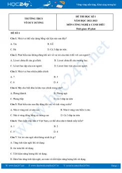 Bộ 3 Đề thi HK1 môn Công Nghệ 6 Cánh diều năm 2022-2023 Trường THCS Võ Duy Dương có đáp án