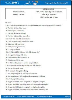 Bộ 3 đề thi HK1 môn Khoa học tự nhiên 6 CTST có đáp án năm 2022-2023 Trường THCS Hai Bà Trưng