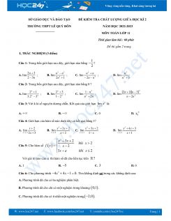 Đề thi giữa HK2 môn Toán 11 năm 2022-2023 Trường THPT Lê Quý Đôn có đáp án