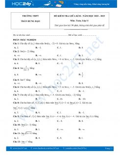 Đề thi giữa HK2 môn Toán 11 năm 2022-2023 Trường THPT Trần Hưng Đạo có đáp án