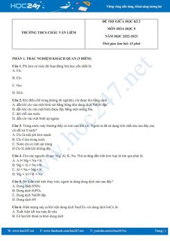 Đề thi Giữa HK2 môn Hoá 9 năm 2022-2023 trường THCS Châu Văn Liêm có đáp án