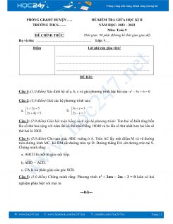 Đề thi giữa HK2 môn Toán 9 năm 2022-2023 Trường THCS Lương Thế Vinh có đáp án