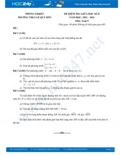 Đề thi giữa HK2 môn Toán 9 năm 2022-2023 Trường THCS Lê Quý Đôn có đáp án