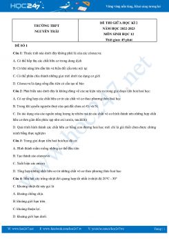 Bộ 5 Đề thi giữa HK2 môn Sinh học 12 năm 2022-2023 Trường THPT Nguyễn Trãi có đáp án