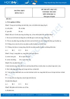 Bộ 5 Đề thi giữa HK2 môn Sinh học 11 năm 2022-2023 Trường THPT Hồng Ngự 1 có đáp án