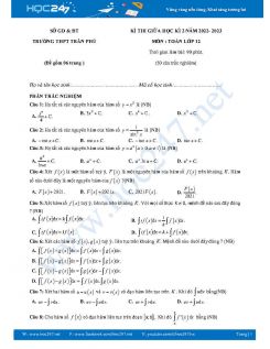 Đề thi giữa HK2 môn Toán 12 năm 2022-2023 Trường THPT Trần Phú có đáp án