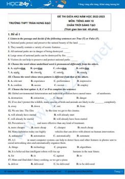 Bộ 5 đề thi giữa HK2 môn Tiếng Anh 10 CTST năm 2022-2023 có đáp án Trường THPT Trần Hưng Đạo