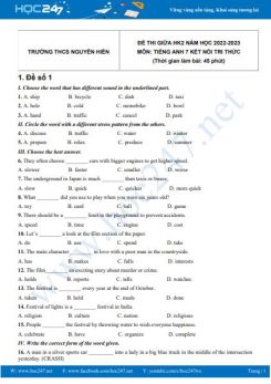 Bộ 5 đề thi giữa HK2 môn Tiếng Anh 7 KNTT năm 2022-2023 có đáp án Trường THCS Nguyễn Hiền