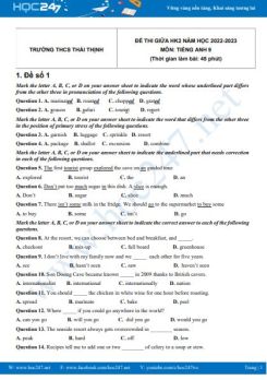 Bộ 5 đề thi giữa HK2 môn Tiếng Anh 9 năm 2022-2023 có đáp án Trường THCS Thái Thịnh
