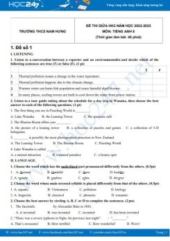 Bộ 5 đề thi giữa HK2 môn Tiếng Anh 8 năm 2022-2023 có đáp án Trường THCS Nam Hưng