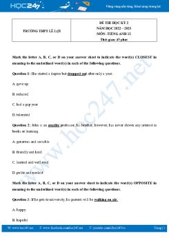 Đề thi HK2 môn Tiếng Anh 12 năm 2022-2023 có đáp án Trường THPT Lê Lợi
