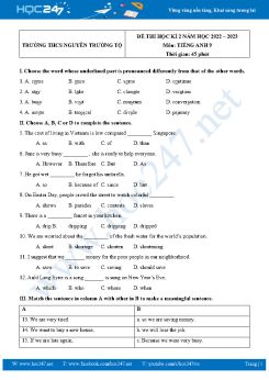 Đề thi HK2 Tiếng Anh 9 năm 2022-2023 trường THCS Nguyễn Trường Tộ có đáp án