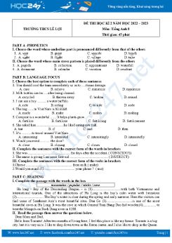 Đề thi HK2 môn Tiếng Anh 8 năm 2022-2023 trường THCS Lê Lợi