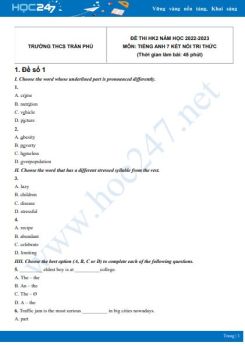 Bộ 5 đề thi HK2 môn Tiếng Anh 7 KNTT năm 2022-2023 có đáp án Trường THCS Trần Phú