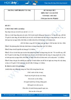 Bộ 5 đề thi HK2 môn Ngữ văn 10 CTST năm 2022-2023 trường THPT Hoàng Văn Thụ