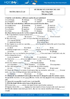 Đề thi HK2 Tiếng Anh 9 năm 2022-2023 Trường THCS Lê Lợi có đáp án