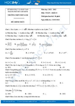 Đề thi thử tốt nghiệp THPT môn Toán năm 2022-2023 Trường THPT Phú Lâm có đáp án