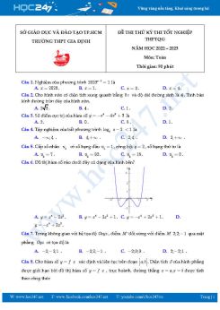 Đề thi thử tốt nghiệp THPT môn Toán năm 2022-2023 Trường THPT Gia Định có đáp án