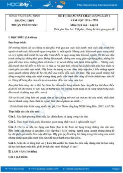 Đề khảo sát chất lượng đầu năm môn Ngữ văn 12 năm 2023-2024 có đáp án trường THPT Thuận Thành