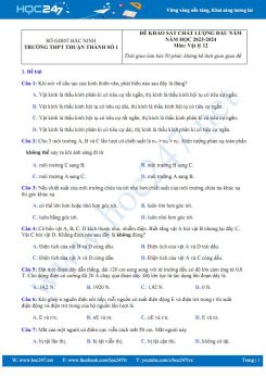 Đề khảo sát chất lượng đầu năm môn Vật lí 12 năm 2023-2024 có đáp án trường THPT Thuận Thành số 1