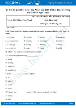 Bộ 3 đề thi giữa HK1 môn Tiếng Anh 9 năm 2023-2024 có đáp án Trường THCS Phạm Ngọc Thạch
