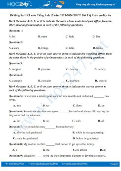 Đề thi giữa HK1 môn Tiếng Anh 12 năm 2023-2024 Trường THPT Bùi Thị Xuân có đáp án